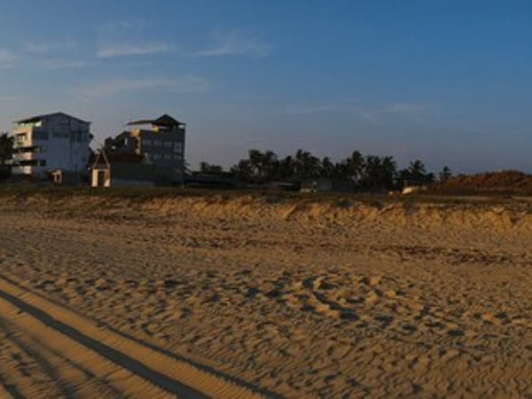 Vista panorámica de playa amplia al atardecer con propiedades frente al mar y palmeras al fondo