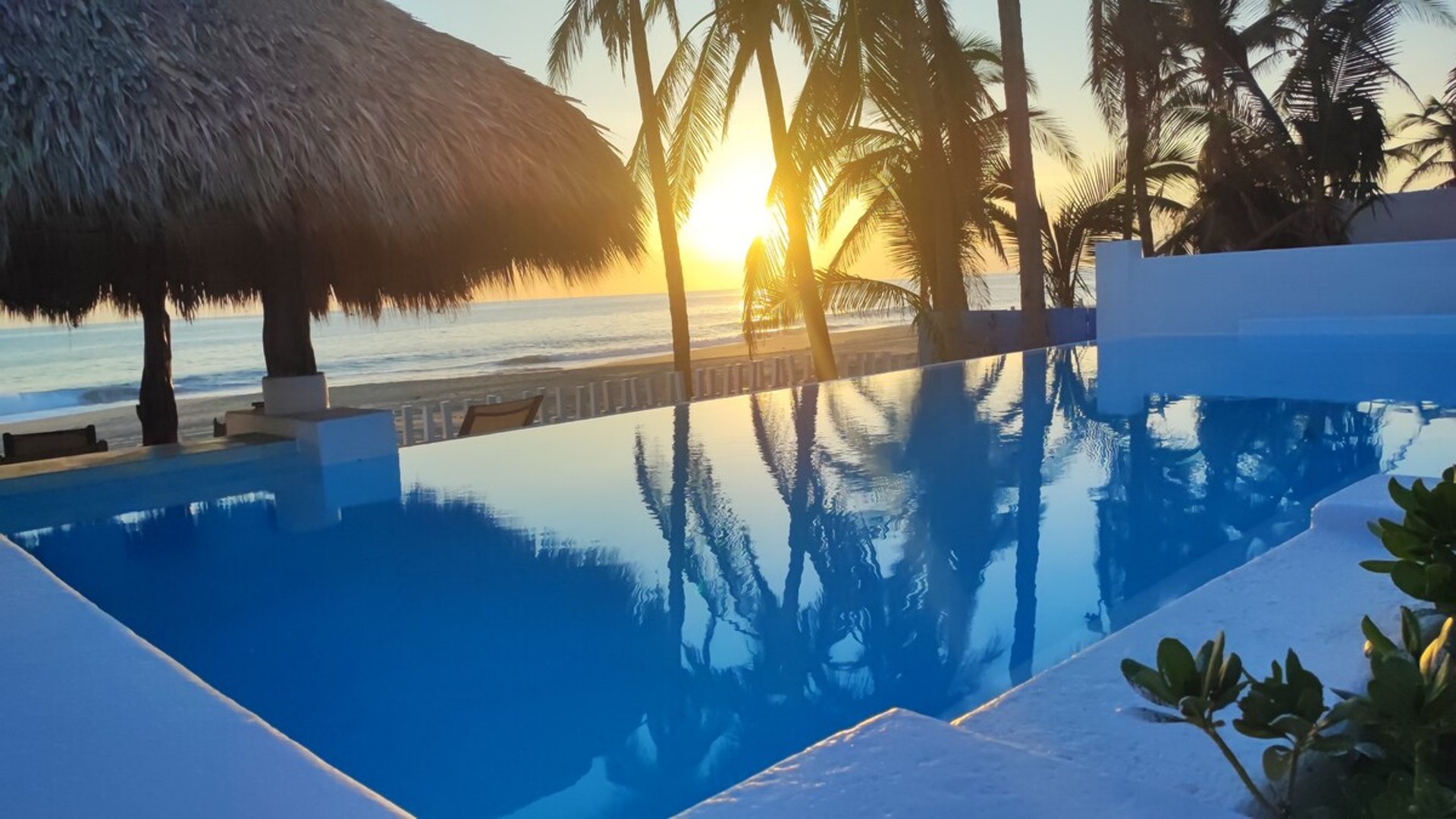 Alberca de borde infinito con vista al mar y palmeras al atardecer desde palapa frente a la playa