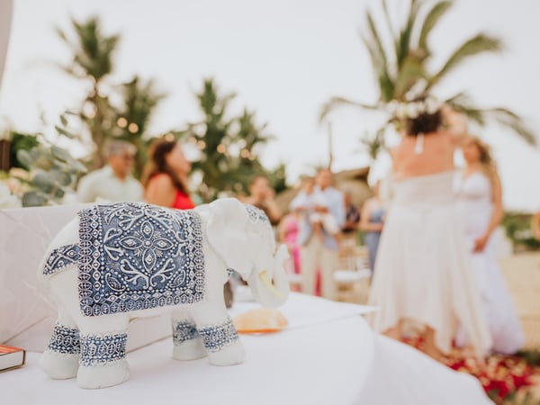 Detalle decorativo de elefante blanco en mesa de banquete con invitados y palmeras al fondo
