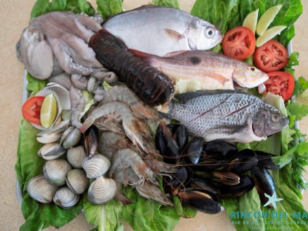 Charola de mariscos frescos: langosta, pulpo, camarones, almejas, mejillones y pescados sobre cama de lechuga con jitomate y limón