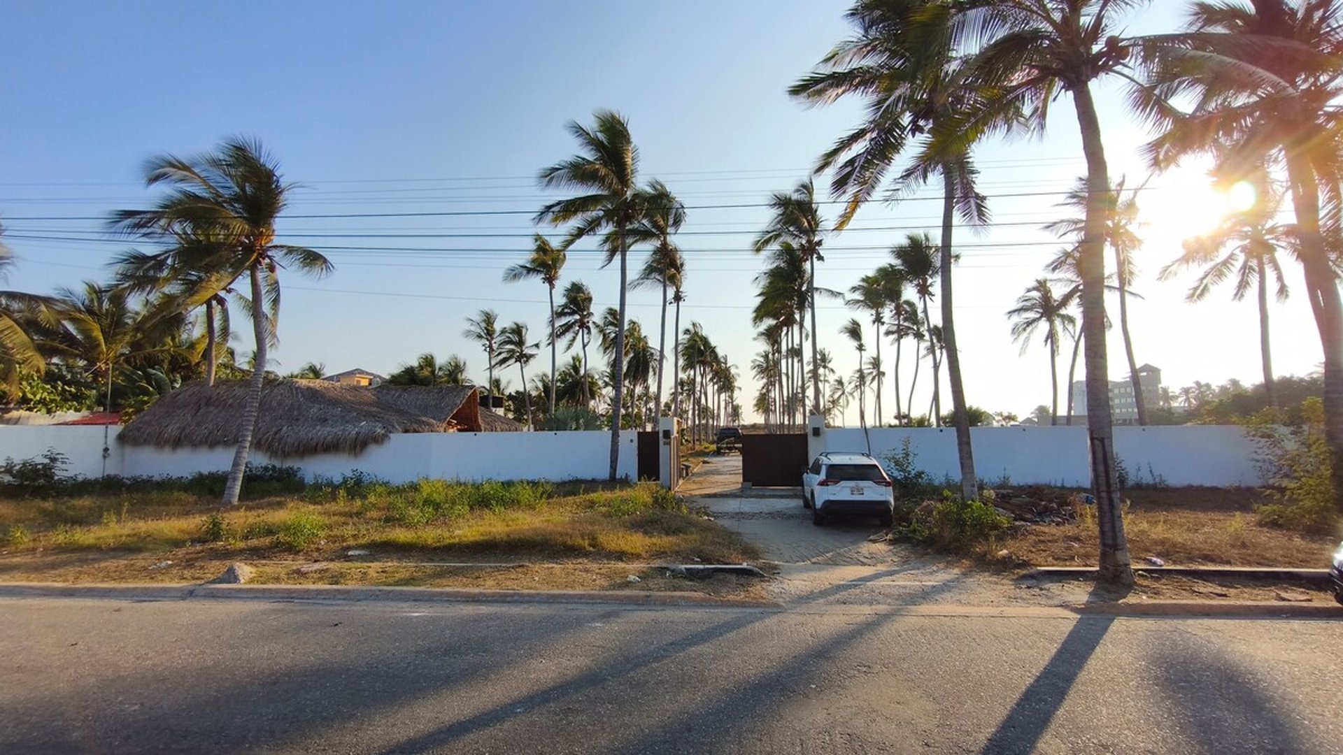 Vista desde la calle de la entrada principal de la propiedad, barda blanca con portón, palmeras altas y palapa al fondo en luz dorada