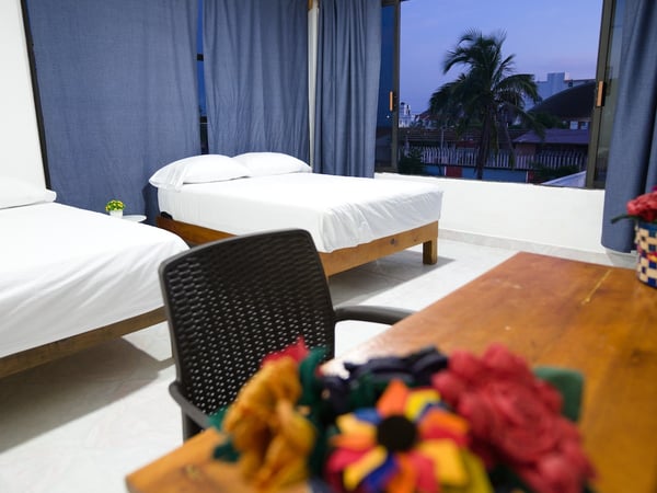 Recámara con dos camas individuales, cortinas azules y ventana amplia con vista nocturna a palmeras y tejados