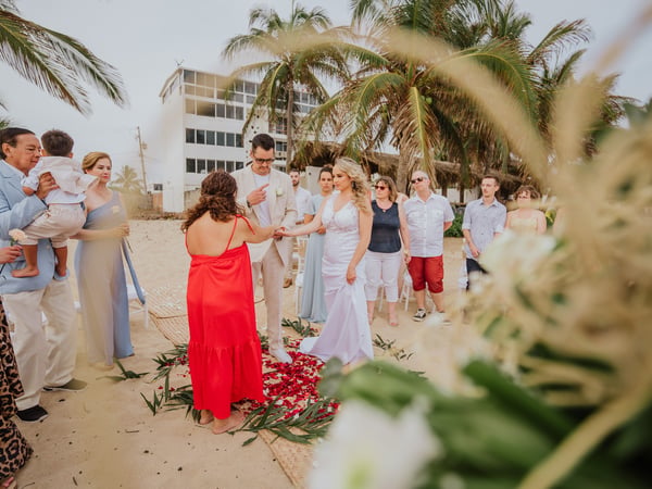 Ceremonia de boda en playa con pasillo decorado con pétalos rojos y palmeras tropicales