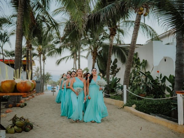 Cortejo de damas con vestidos turquesa caminando por sendero entre palmeras hacia vista al mar