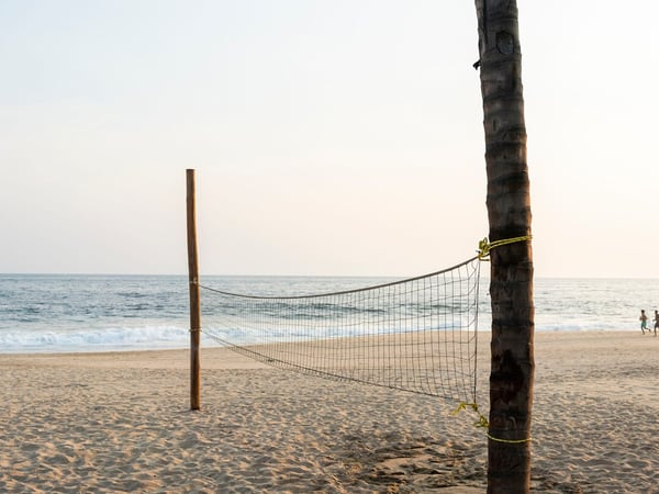 Red de voleibol playero tensada entre palmera y poste de madera frente al mar al atardecer