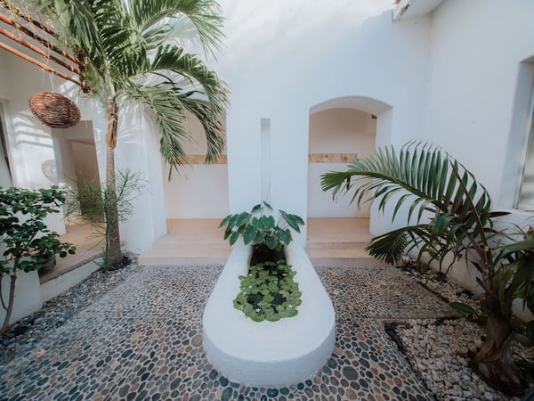 Patio interior con fuente de nenúfares, piso de canto rodado y palmeras enmarcando fachada blanca con arco