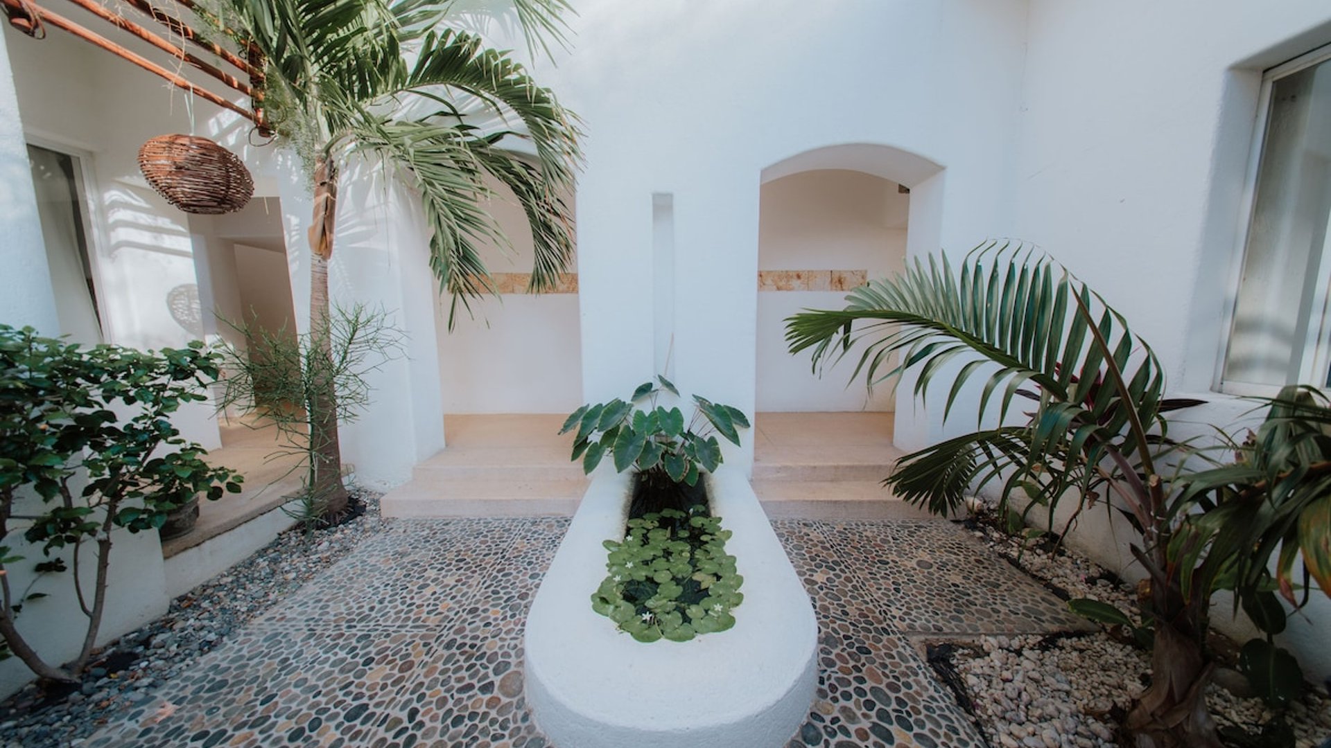 Patio interior con fuente de nenúfares, piso de canto rodado y palmeras enmarcando fachada blanca con arco