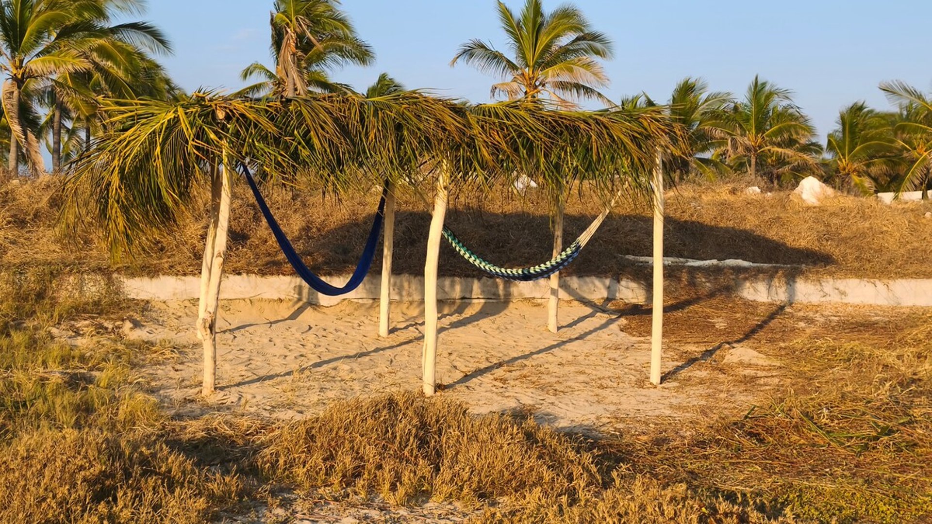 Dos hamacas colgadas bajo estructura rústica de palmas en arenal con luz cálida de tarde