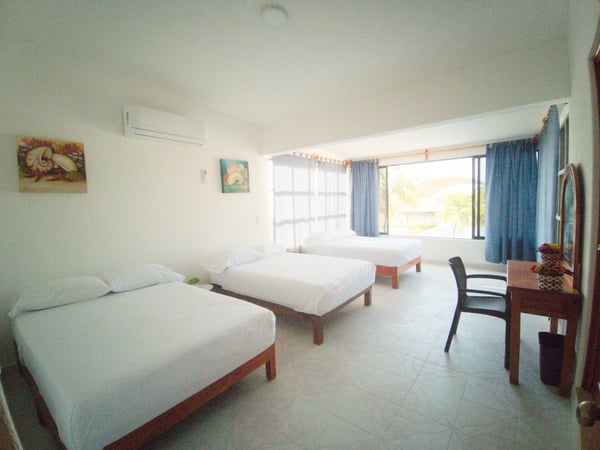 Recámara amplia con tres camas individuales, ropa de cama blanca, aire acondicionado y ventanas con cortinas azules