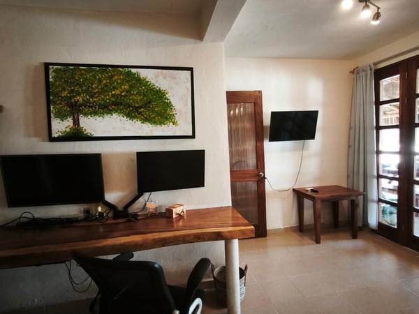 Área de trabajo con escritorio de madera maciza, dos monitores y pintura de árbol, con acceso a terraza exterior