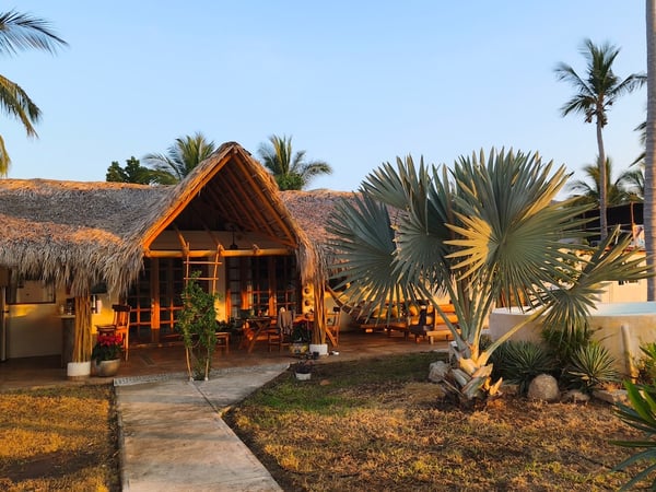 Fachada de palapa con techo de palma y estructura de bambú rodeada de palmeras y vegetación tropical al atardecer