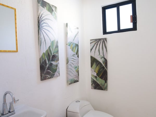 Baño blanco con lavabo, inodoro y tres cuadros tropicales de hojas verdes sobre la pared