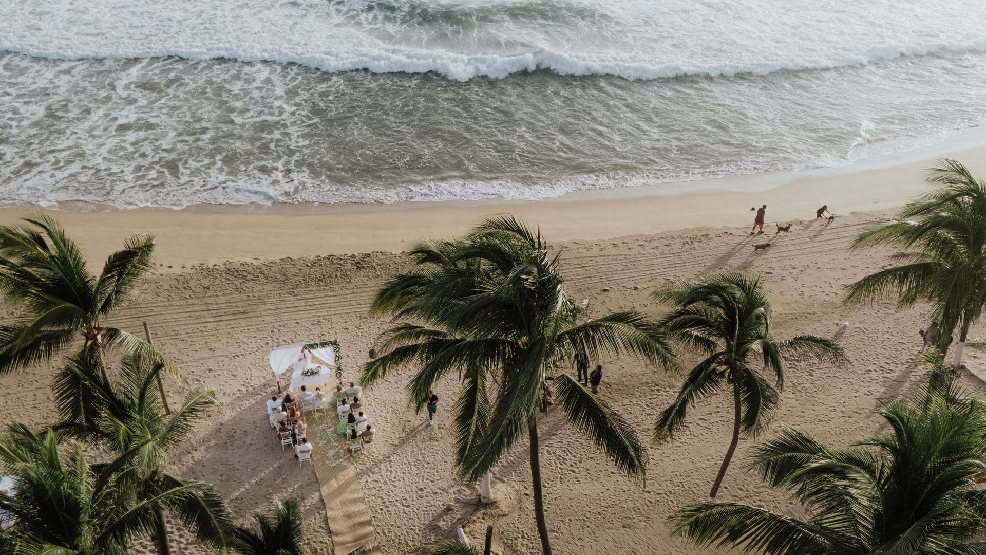 Vista aérea de ceremonia de boda en playa con sillas y arco blanco entre palmeras frente al mar