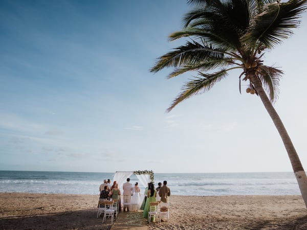Ceremonia de boda íntima en playa con arco floral blanco y palmera frente al Pacífico