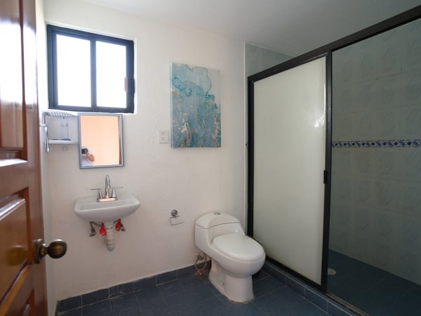 Baño completo con lavabo empotrado, inodoro blanco, cabina de ducha con puerta corrediza y cuadro decorativo en tonos azules