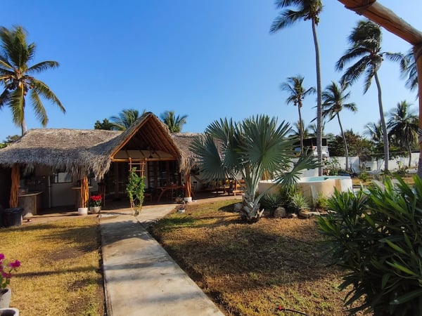 Vista general de palapa principal con jardín, palmeras y jacuzzi al fondo bajo cielo azul despejado