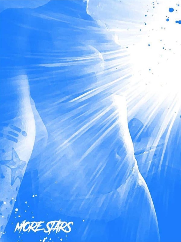 Silhouette of a woman's curvaceous figure with tattoos against a blue background with stars and sun rays.