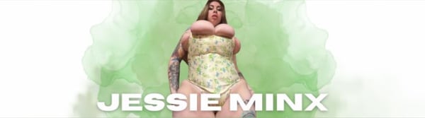 A woman posing confidently in a patterned outfit with tattoos visible, set against a vibrant green artistic background featuring her name.