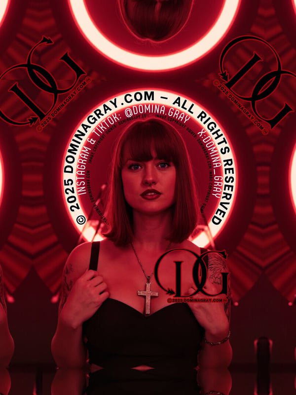 A woman with brunette bob haircut holding batons, wearing a black top and cross necklace, framed by multiple red glowing rings and artistic logo overlays.