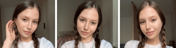 Three selfies of a young woman with long brown hair styled in pigtails, smiling softly indoors against a plain background.