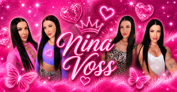 A young woman with long dark hair appears in multiple poses wearing stylish outfits in pink, purple, and white against a vibrant pink background with hearts and sparkles.