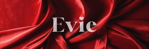 Elegant red satin fabric with the name 'Evie' overlaid in white text.