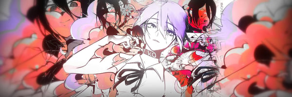 Anime-style illustration of a character in a school uniform with purple hair posing dramatically against a vibrant pink and black abstract background.