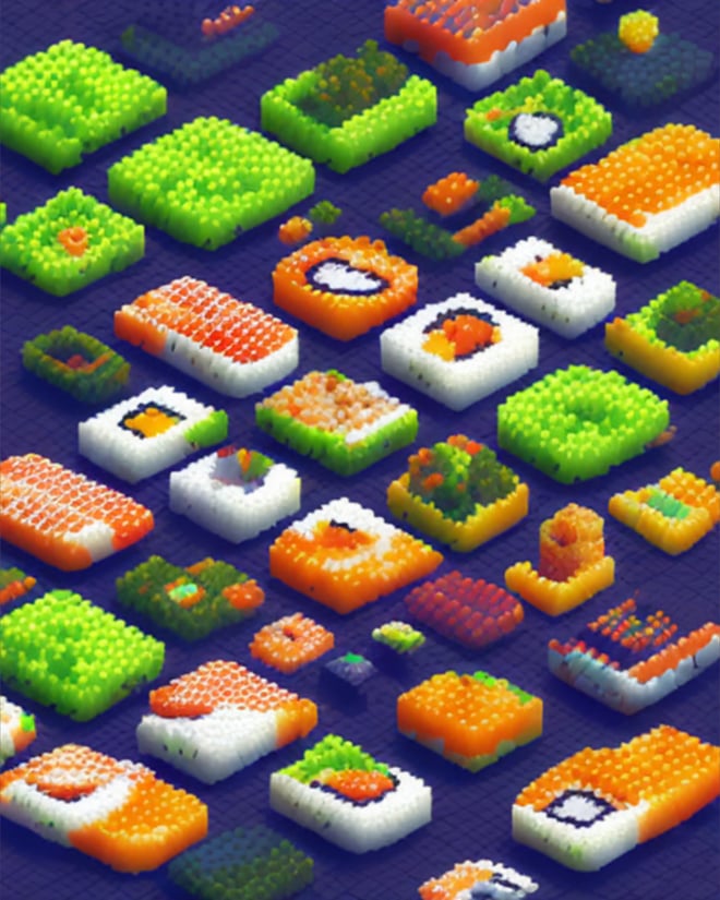 Vibrant pixel art arrangement of various colorful sushi pieces on a dark blue background.