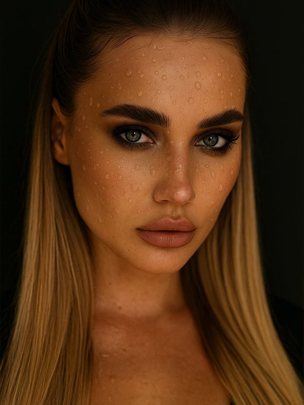 Close-up portrait of a woman with long blonde hair in a ponytail, striking a confident pose against a dark background.