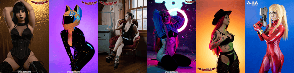 Collage of a model in various colorful cosplay outfits and costumes posing dynamically in different settings.
