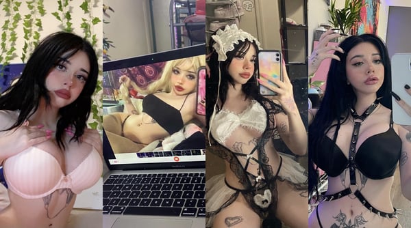 A young woman with long dark hair posing in lingerie in multiple selfies against indoor backgrounds with plants and decor.