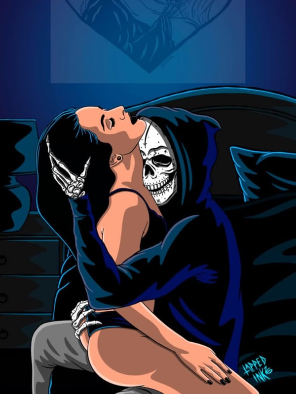 Artistic illustration of a woman with long dark hair embraced by a skeletal figure in a hooded cloak on a dark bed.