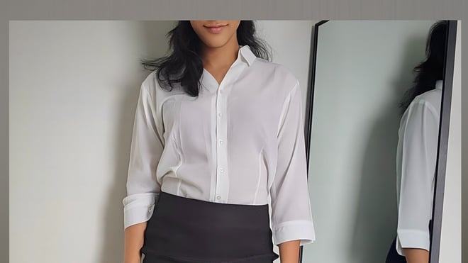 A woman with dark hair wearing a white blouse and black skirt, standing indoors beside a mirror.
