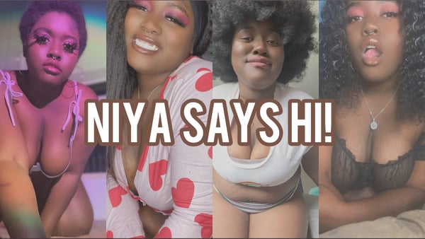 A young woman with curly hair smiling in multiple colorful photos, wearing casual tops, with text overlay saying 'NIYA SAYS HI'.