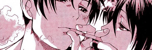 Anime-style illustration of two characters in a close, intimate pose with soft pink tones.