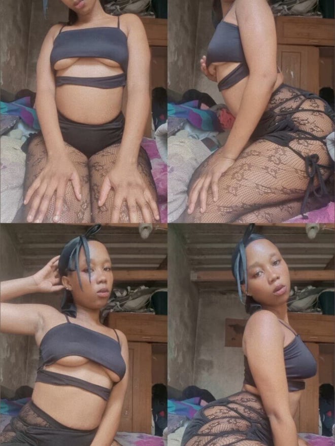 A person posing in lingerie in multiple shots on a bed in a casual indoor setting.