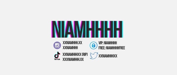 Stylized text logo featuring the name 'NIAMHHHHHH' in vibrant purple and cyan gradients, surrounded by social media icons including TikTok, Instagram, Twitter, and others.