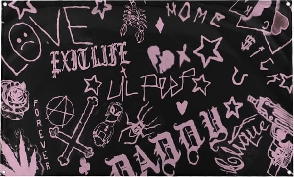 A black banner featuring pink graffiti-style text and graphics including stars, scorpions, hearts, guns, and references to Lil Peep.