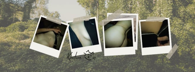 Collage of four polaroid-style photos featuring body parts in soft focus, arranged against a lush green outdoor background.