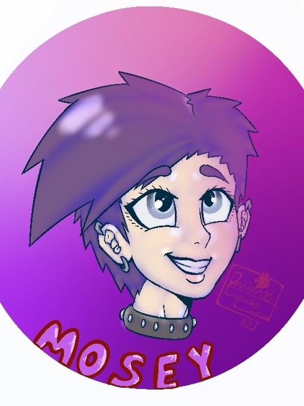 Circular illustration of a smiling animated character with short purple hair, piercings, and choker, set against a pink background with the name 'MOSEY' overlaid.