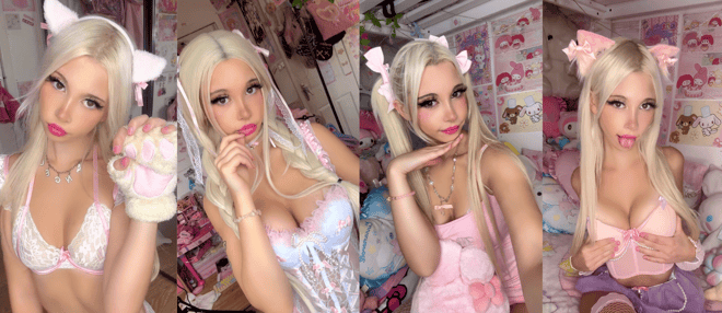 A blonde woman posing in pastel lingerie and playful cat-themed accessories in a colorful bedroom.