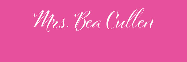 Pink background with elegant white cursive text displaying 'Mrs. Bea Cullen'.