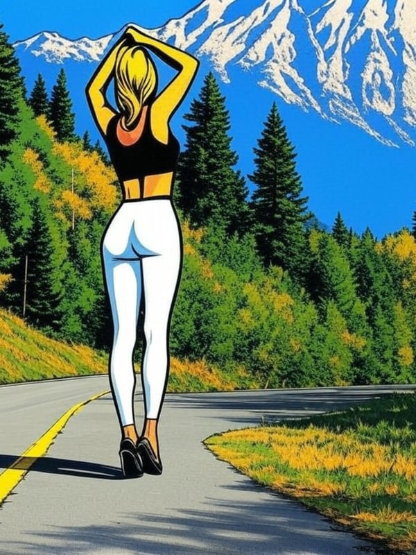 Artistic illustration of a blonde woman in a black top and white pants standing on a road with mountains and trees in the background.
