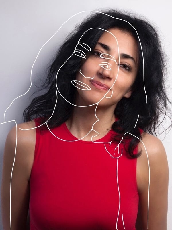An artistic portrait of a woman with dark wavy hair wearing a red sleeveless top, featuring overlaid line drawings.