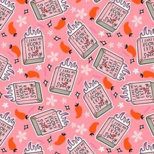 Playful pink patterned background featuring illustrated books and spicy peppers.