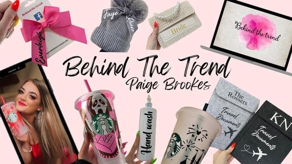 Collage featuring a young woman with long hair, surrounded by fashion items like handbags, tumblers, notebooks, and a laptop with 'Behind the Trend' branding on a pink background.