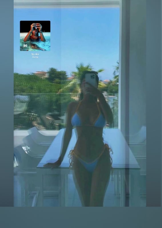 A woman in a blue bikini posing in front of a large window with a scenic view of palm trees and the ocean.