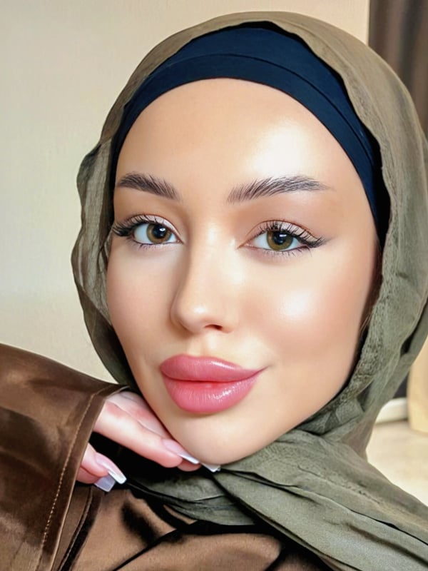 Close-up portrait of a woman in a green hijab with subtle makeup, smiling softly against a neutral background.