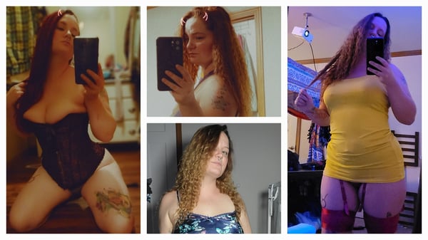 Collage of a woman with red hair posing in lingerie and casual outfits in indoor settings with tattoos visible.