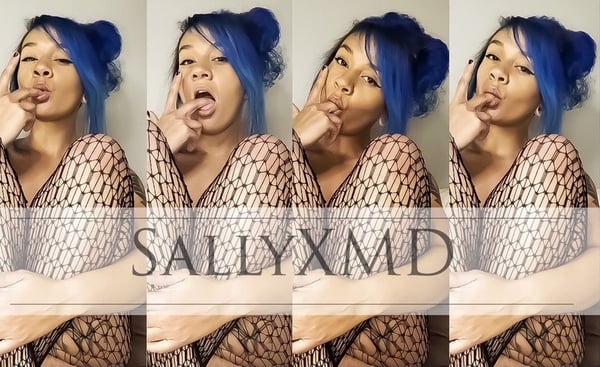 A woman with blue hair posing playfully in a mesh top across multiple images with her name overlaid.